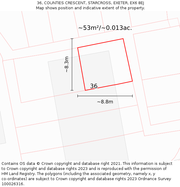 36, COUNTIES CRESCENT, STARCROSS, EXETER, EX6 8EJ: Plot and title map
