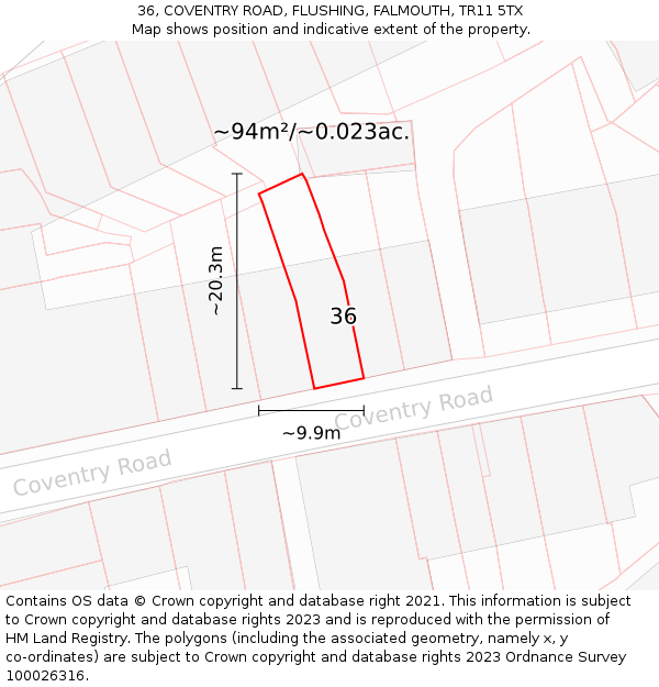 36, COVENTRY ROAD, FLUSHING, FALMOUTH, TR11 5TX: Plot and title map