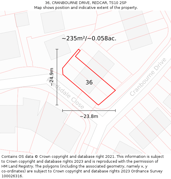 36, CRANBOURNE DRIVE, REDCAR, TS10 2SP: Plot and title map