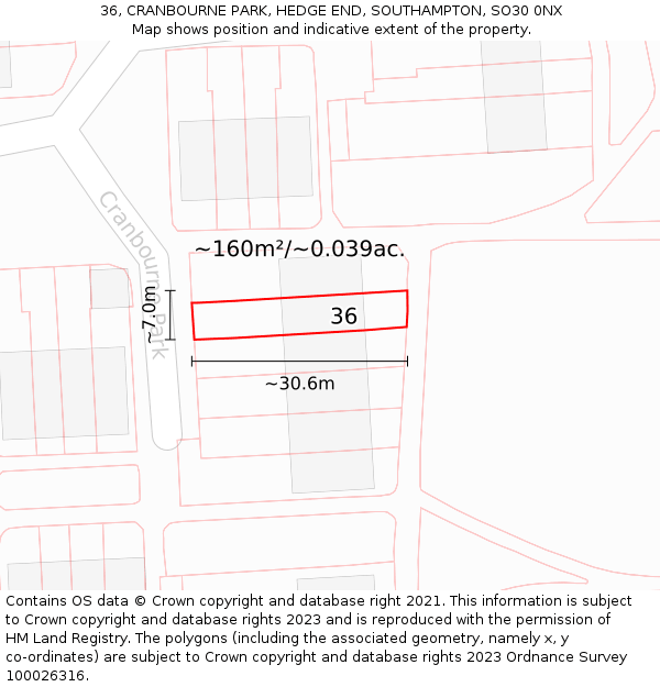 36, CRANBOURNE PARK, HEDGE END, SOUTHAMPTON, SO30 0NX: Plot and title map