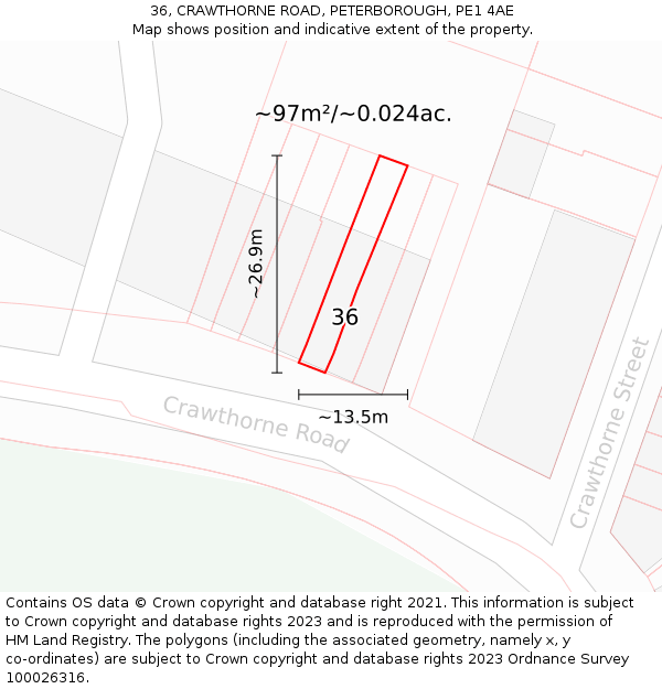 36, CRAWTHORNE ROAD, PETERBOROUGH, PE1 4AE: Plot and title map