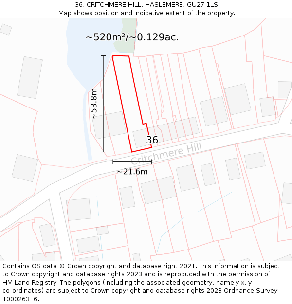 36, CRITCHMERE HILL, HASLEMERE, GU27 1LS: Plot and title map