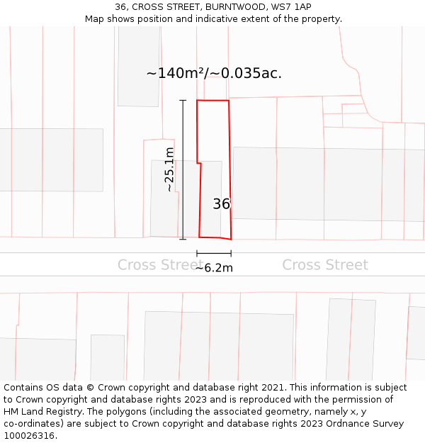 36, CROSS STREET, BURNTWOOD, WS7 1AP: Plot and title map