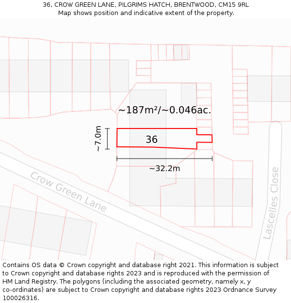 36, CROW GREEN LANE, PILGRIMS HATCH, BRENTWOOD, CM15 9RL: Plot and title map