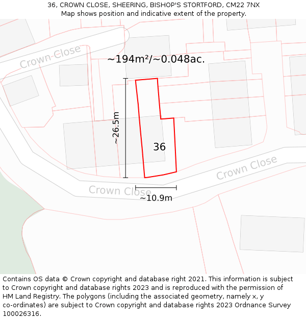 36, CROWN CLOSE, SHEERING, BISHOP'S STORTFORD, CM22 7NX: Plot and title map