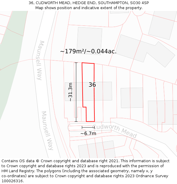 36, CUDWORTH MEAD, HEDGE END, SOUTHAMPTON, SO30 4SP: Plot and title map