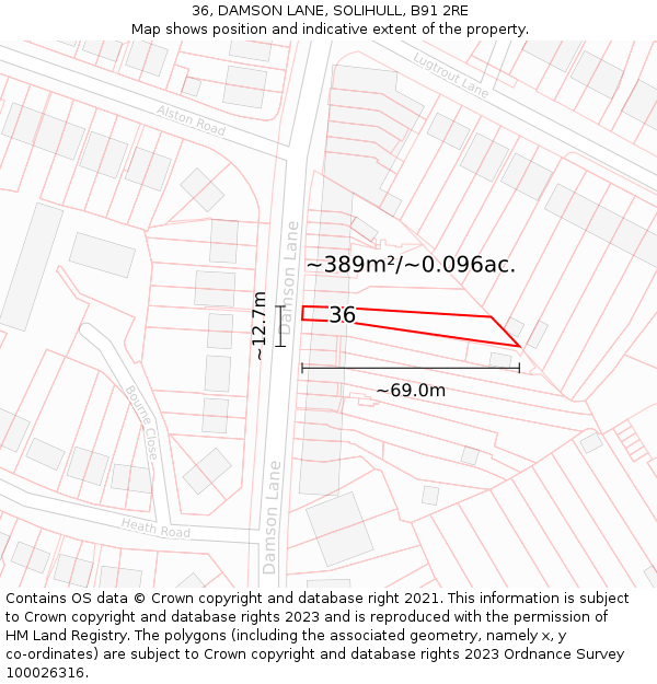 36, DAMSON LANE, SOLIHULL, B91 2RE: Plot and title map