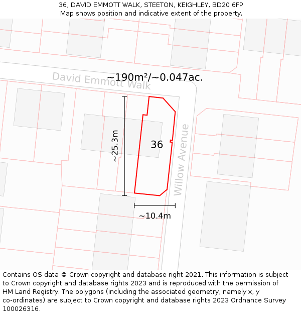 36, DAVID EMMOTT WALK, STEETON, KEIGHLEY, BD20 6FP: Plot and title map