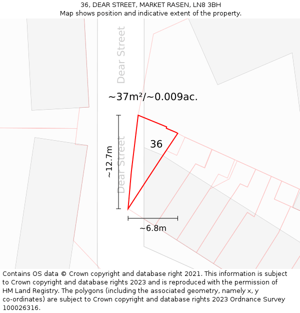 36, DEAR STREET, MARKET RASEN, LN8 3BH: Plot and title map