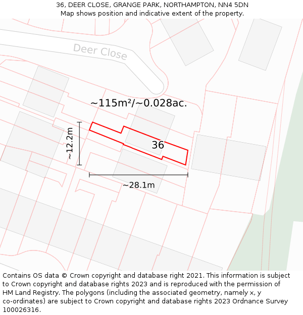 36, DEER CLOSE, GRANGE PARK, NORTHAMPTON, NN4 5DN: Plot and title map