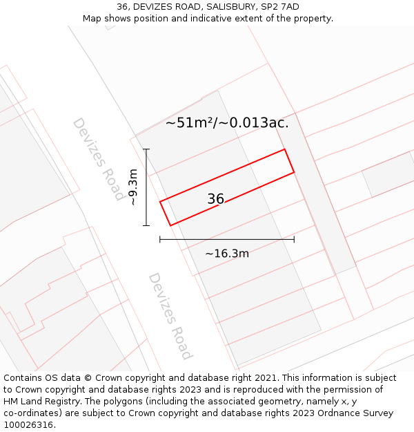 36, DEVIZES ROAD, SALISBURY, SP2 7AD: Plot and title map