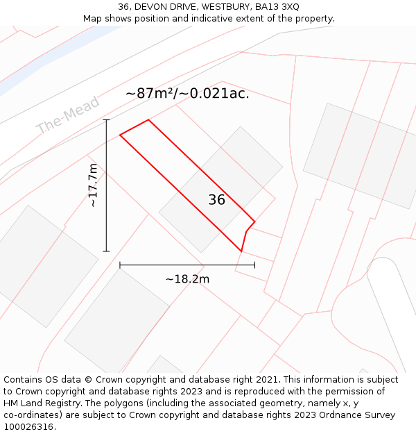 36, DEVON DRIVE, WESTBURY, BA13 3XQ: Plot and title map