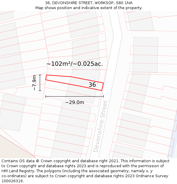 36, DEVONSHIRE STREET, WORKSOP, S80 1NA: Plot and title map