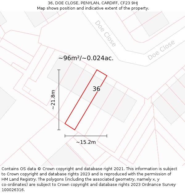 36, DOE CLOSE, PENYLAN, CARDIFF, CF23 9HJ: Plot and title map