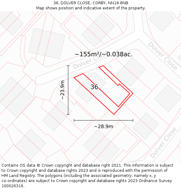 36, DOLVER CLOSE, CORBY, NN18 8NB: Plot and title map