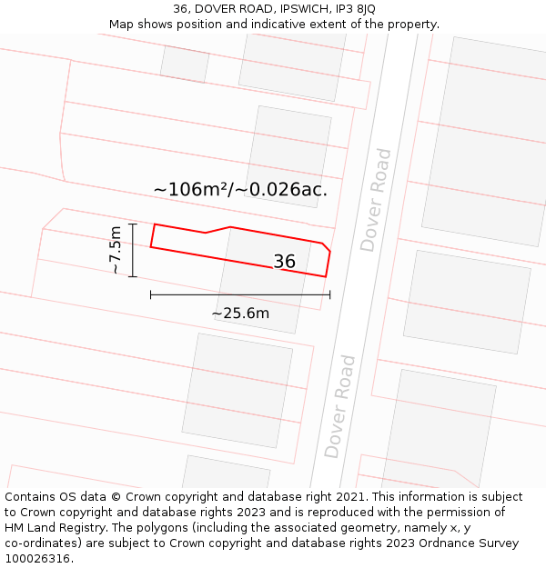 36, DOVER ROAD, IPSWICH, IP3 8JQ: Plot and title map