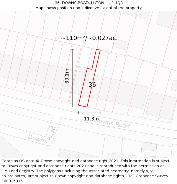 36, DOWNS ROAD, LUTON, LU1 1QR: Plot and title map
