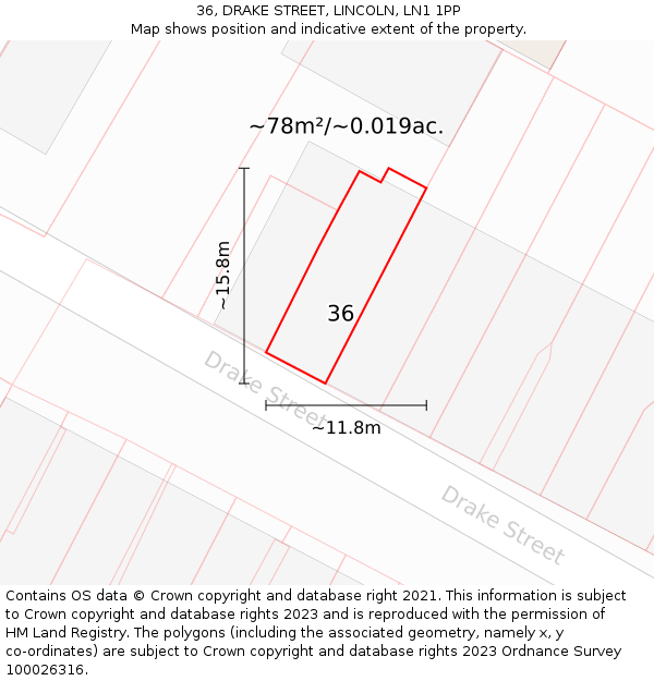 36, DRAKE STREET, LINCOLN, LN1 1PP: Plot and title map