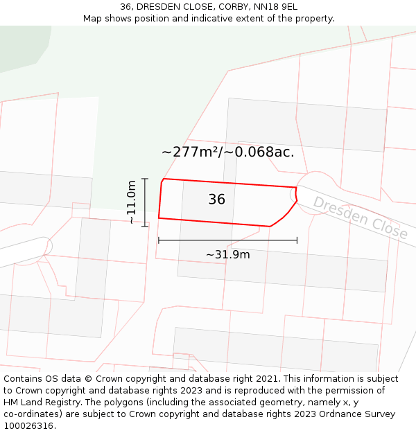 36, DRESDEN CLOSE, CORBY, NN18 9EL: Plot and title map