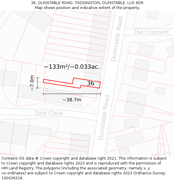 36, DUNSTABLE ROAD, TODDINGTON, DUNSTABLE, LU5 6DR: Plot and title map
