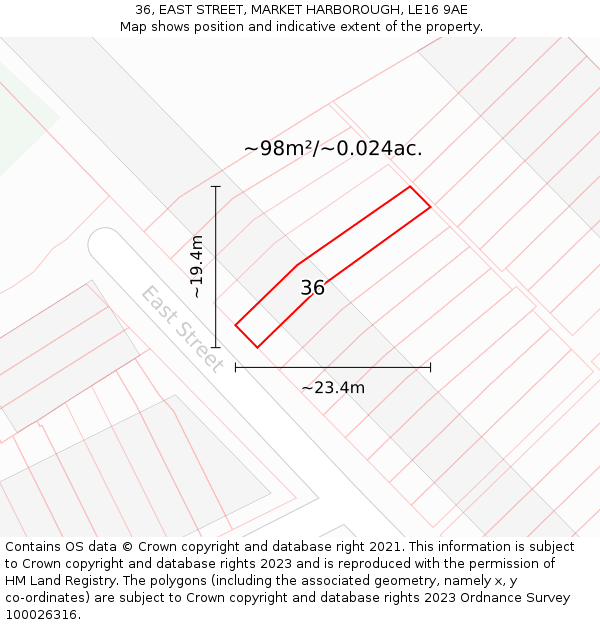 36, EAST STREET, MARKET HARBOROUGH, LE16 9AE: Plot and title map