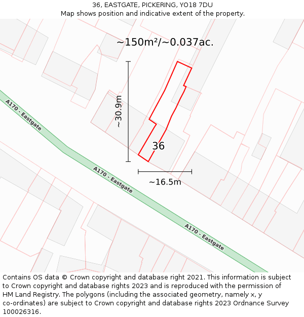 36, EASTGATE, PICKERING, YO18 7DU: Plot and title map