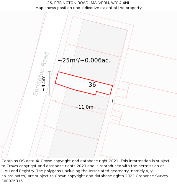 36, EBRINGTON ROAD, MALVERN, WR14 4NL: Plot and title map