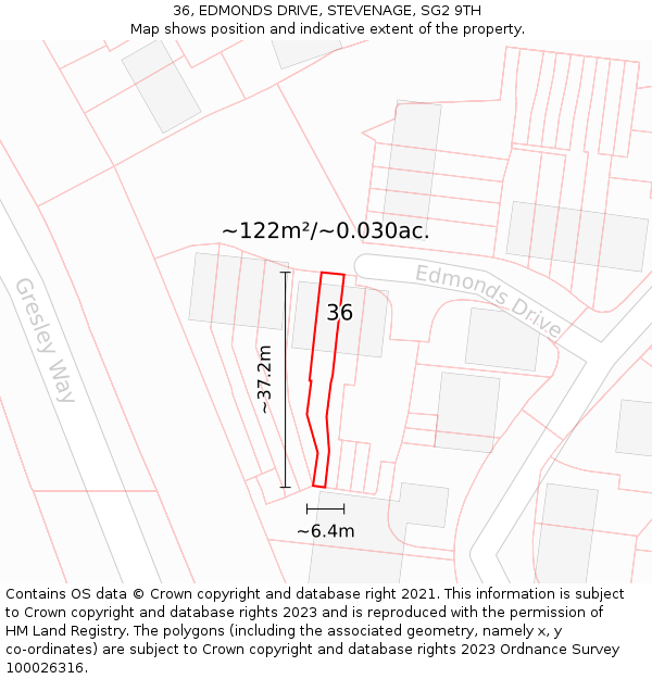 36, EDMONDS DRIVE, STEVENAGE, SG2 9TH: Plot and title map