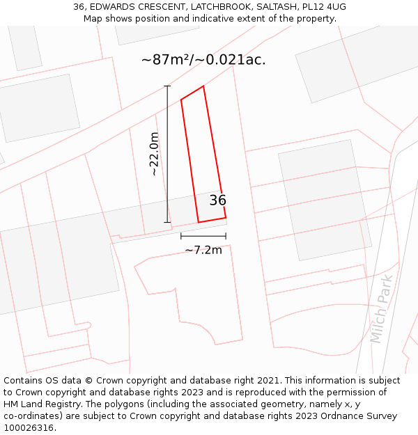 36, EDWARDS CRESCENT, LATCHBROOK, SALTASH, PL12 4UG: Plot and title map