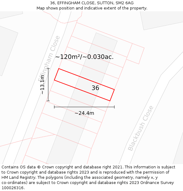 36, EFFINGHAM CLOSE, SUTTON, SM2 6AG: Plot and title map