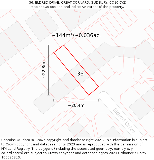 36, ELDRED DRIVE, GREAT CORNARD, SUDBURY, CO10 0YZ: Plot and title map