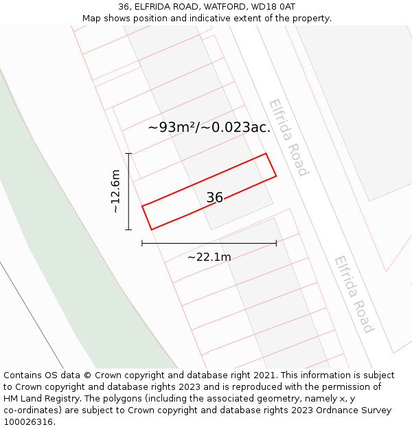 36, ELFRIDA ROAD, WATFORD, WD18 0AT: Plot and title map