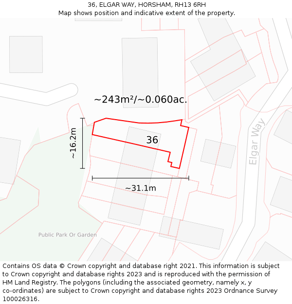 36, ELGAR WAY, HORSHAM, RH13 6RH: Plot and title map