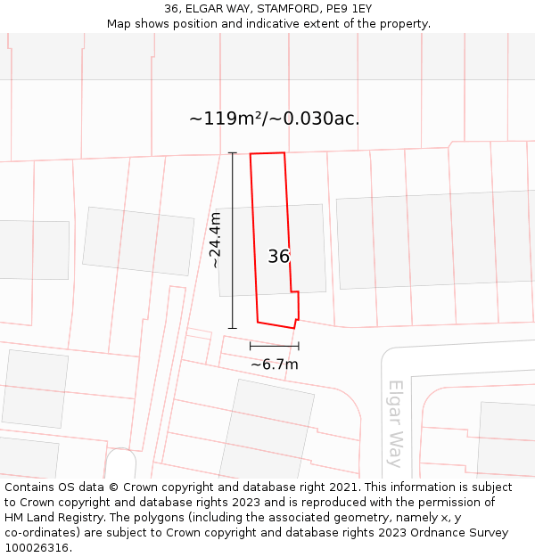 36, ELGAR WAY, STAMFORD, PE9 1EY: Plot and title map