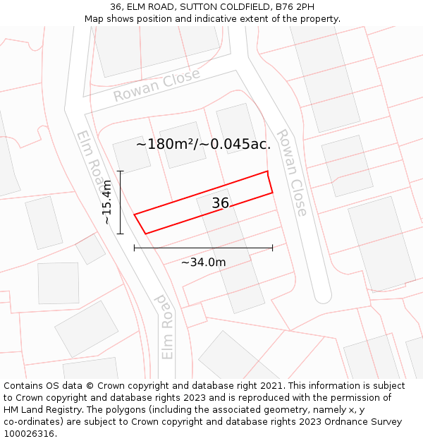 36, ELM ROAD, SUTTON COLDFIELD, B76 2PH: Plot and title map