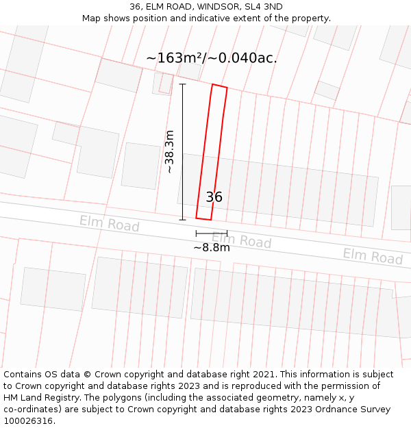 36, ELM ROAD, WINDSOR, SL4 3ND: Plot and title map