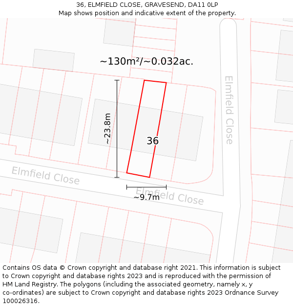 36, ELMFIELD CLOSE, GRAVESEND, DA11 0LP: Plot and title map
