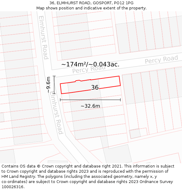 36, ELMHURST ROAD, GOSPORT, PO12 1PG: Plot and title map