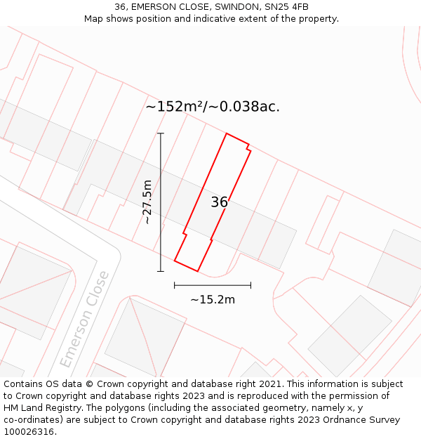 36, EMERSON CLOSE, SWINDON, SN25 4FB: Plot and title map