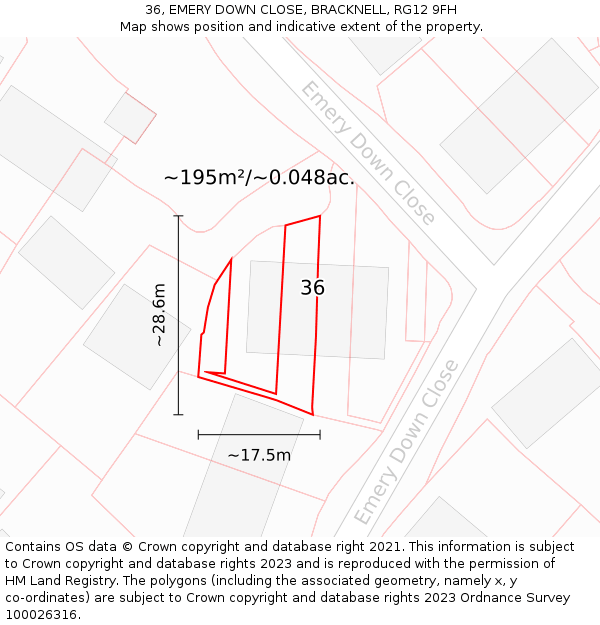 36, EMERY DOWN CLOSE, BRACKNELL, RG12 9FH: Plot and title map