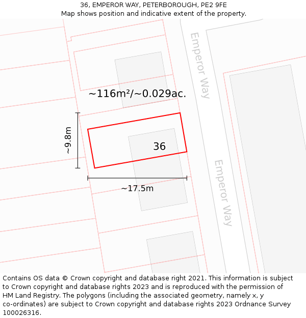 36, EMPEROR WAY, PETERBOROUGH, PE2 9FE: Plot and title map