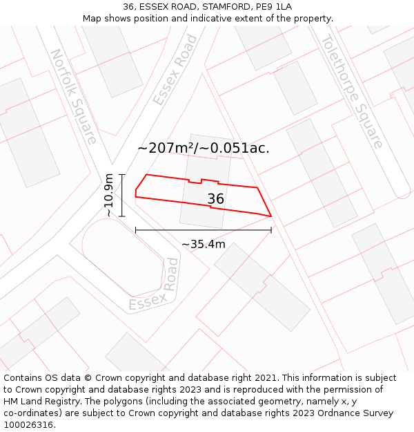 36, ESSEX ROAD, STAMFORD, PE9 1LA: Plot and title map
