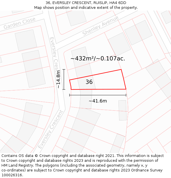36, EVERSLEY CRESCENT, RUISLIP, HA4 6DD: Plot and title map