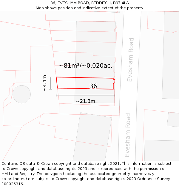 36, EVESHAM ROAD, REDDITCH, B97 4LA: Plot and title map