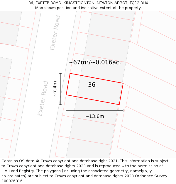 36, EXETER ROAD, KINGSTEIGNTON, NEWTON ABBOT, TQ12 3HX: Plot and title map