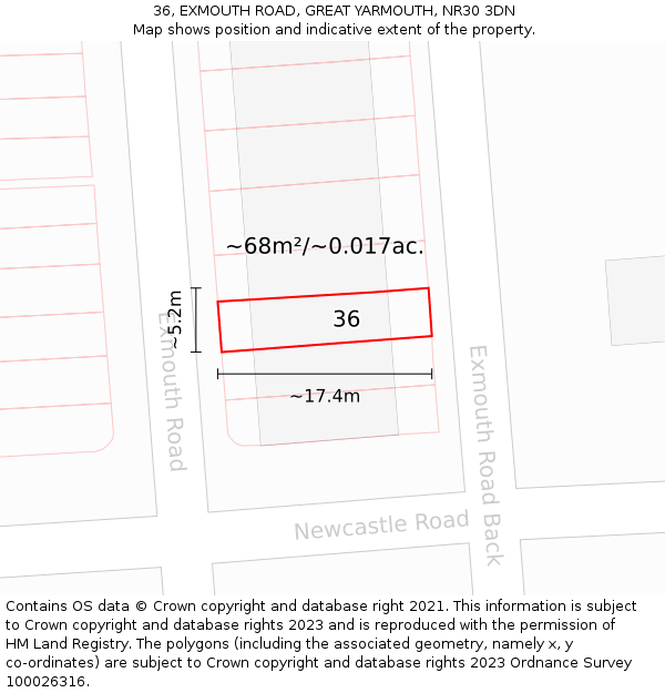 36, EXMOUTH ROAD, GREAT YARMOUTH, NR30 3DN: Plot and title map