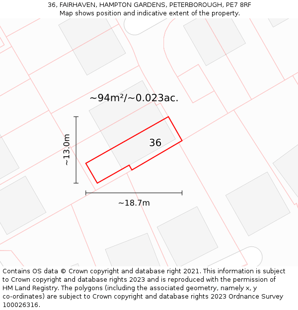 36, FAIRHAVEN, HAMPTON GARDENS, PETERBOROUGH, PE7 8RF: Plot and title map