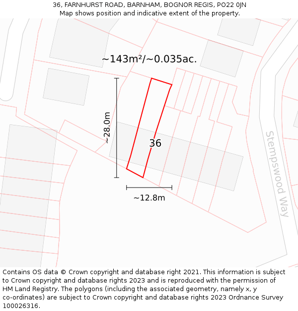 36, FARNHURST ROAD, BARNHAM, BOGNOR REGIS, PO22 0JN: Plot and title map