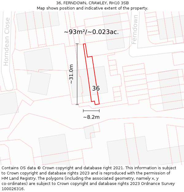 36, FERNDOWN, CRAWLEY, RH10 3SB: Plot and title map
