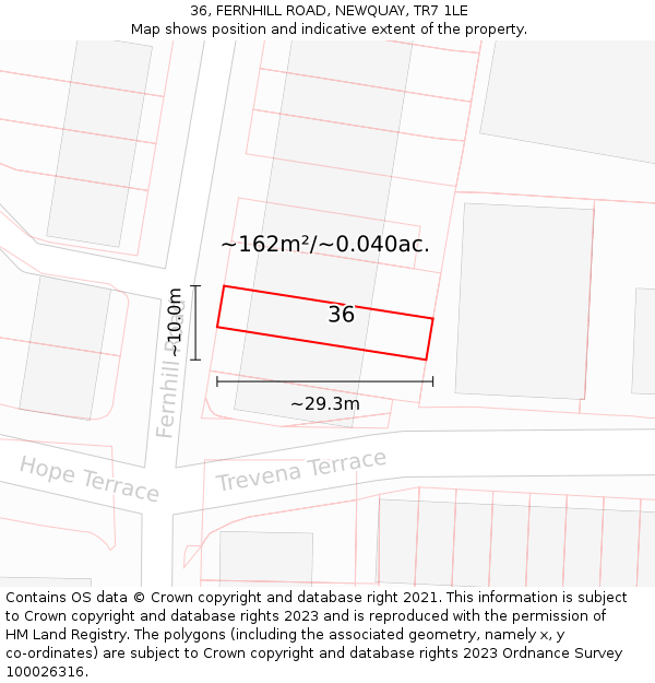 36, FERNHILL ROAD, NEWQUAY, TR7 1LE: Plot and title map